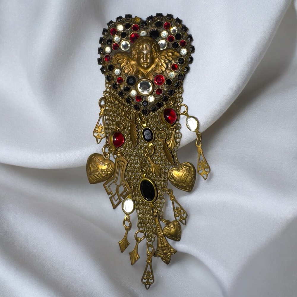 Jack Smile Vintage Brass Angel Cherub Heart & Rhinestone Brooch Pin  6"